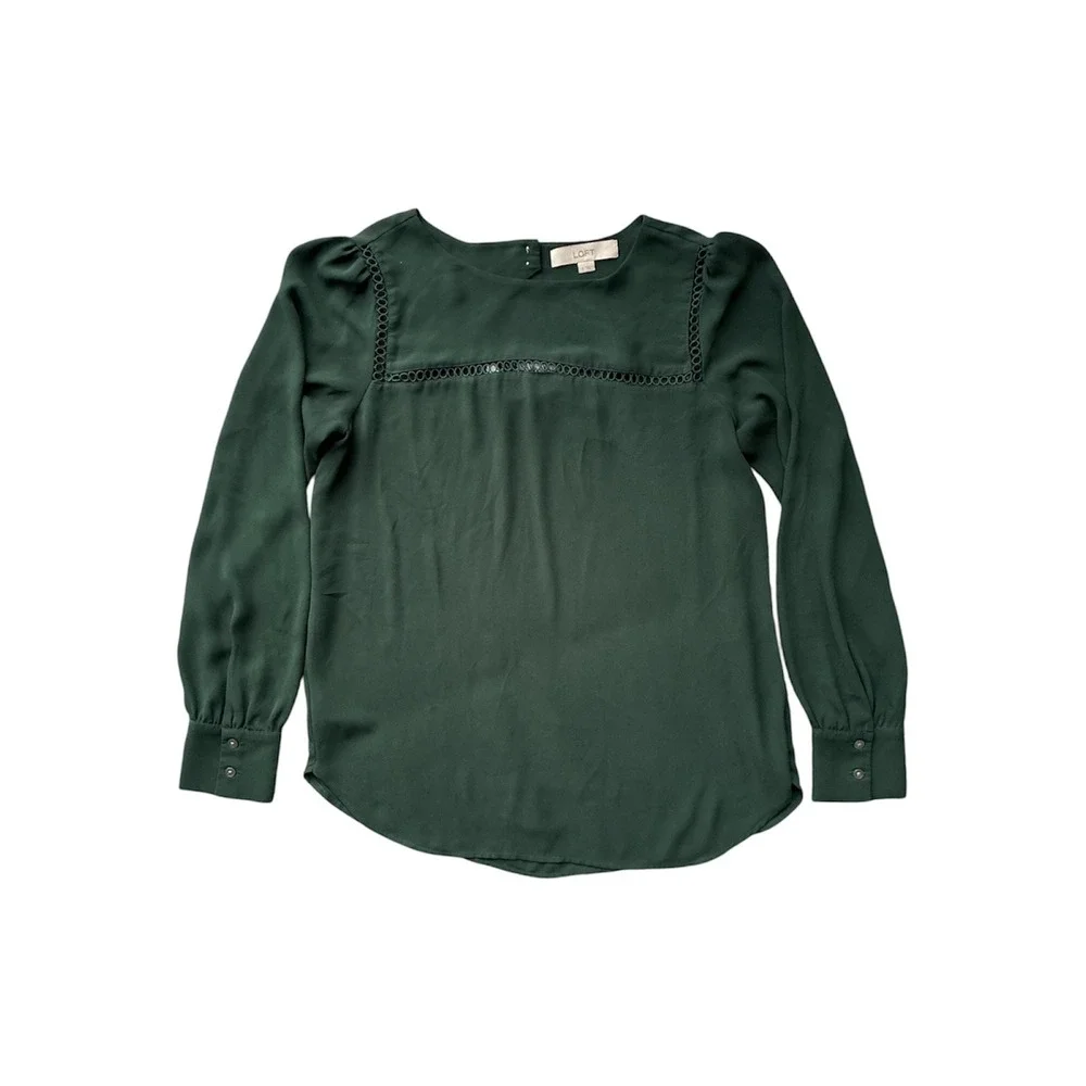 LOFT Womens Forest Green Ladder Lace Trim Keyhole Back Long Sleeve Blouse Top S